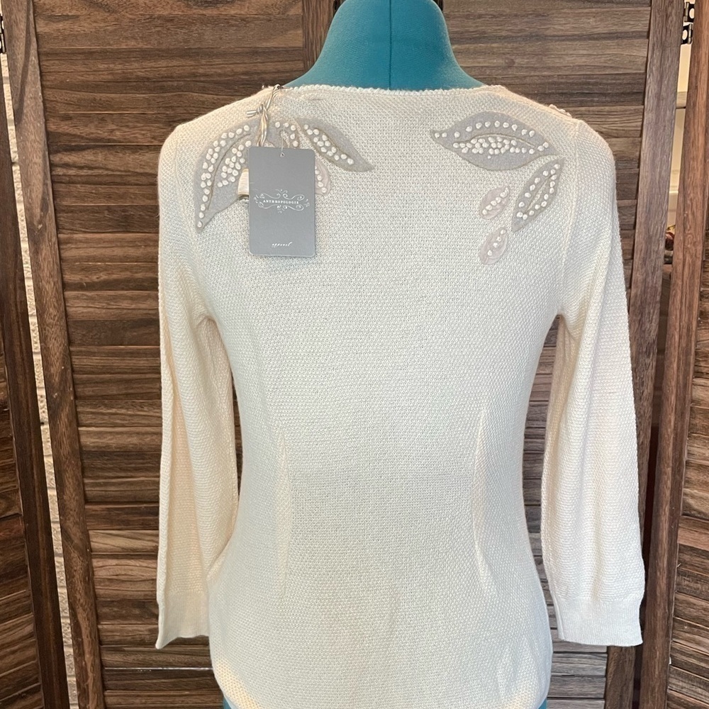 ANTHROPOLOGIE Knitted & Knotted Ivory Cardigan Felt Leaf Cashmere Cotton NWT - Picture 7 of 16
